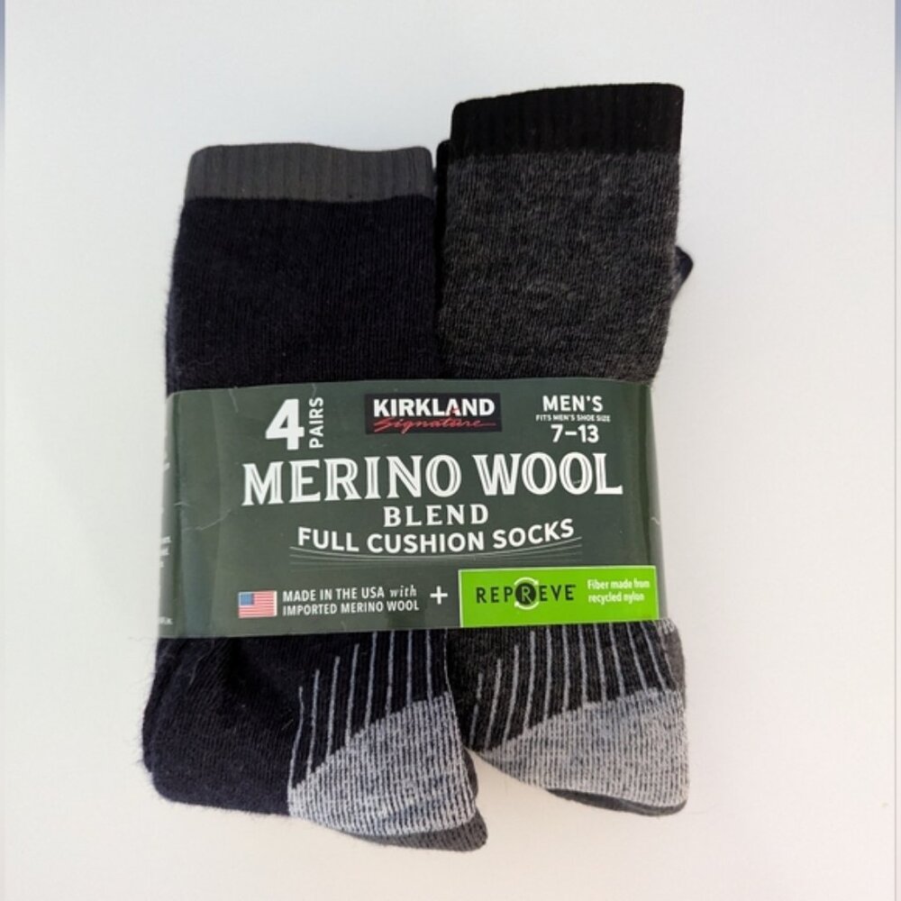 NWT Kirkland Merino Wool Blend Full Cushion Socks 4-Pack Size 7-13 Mens